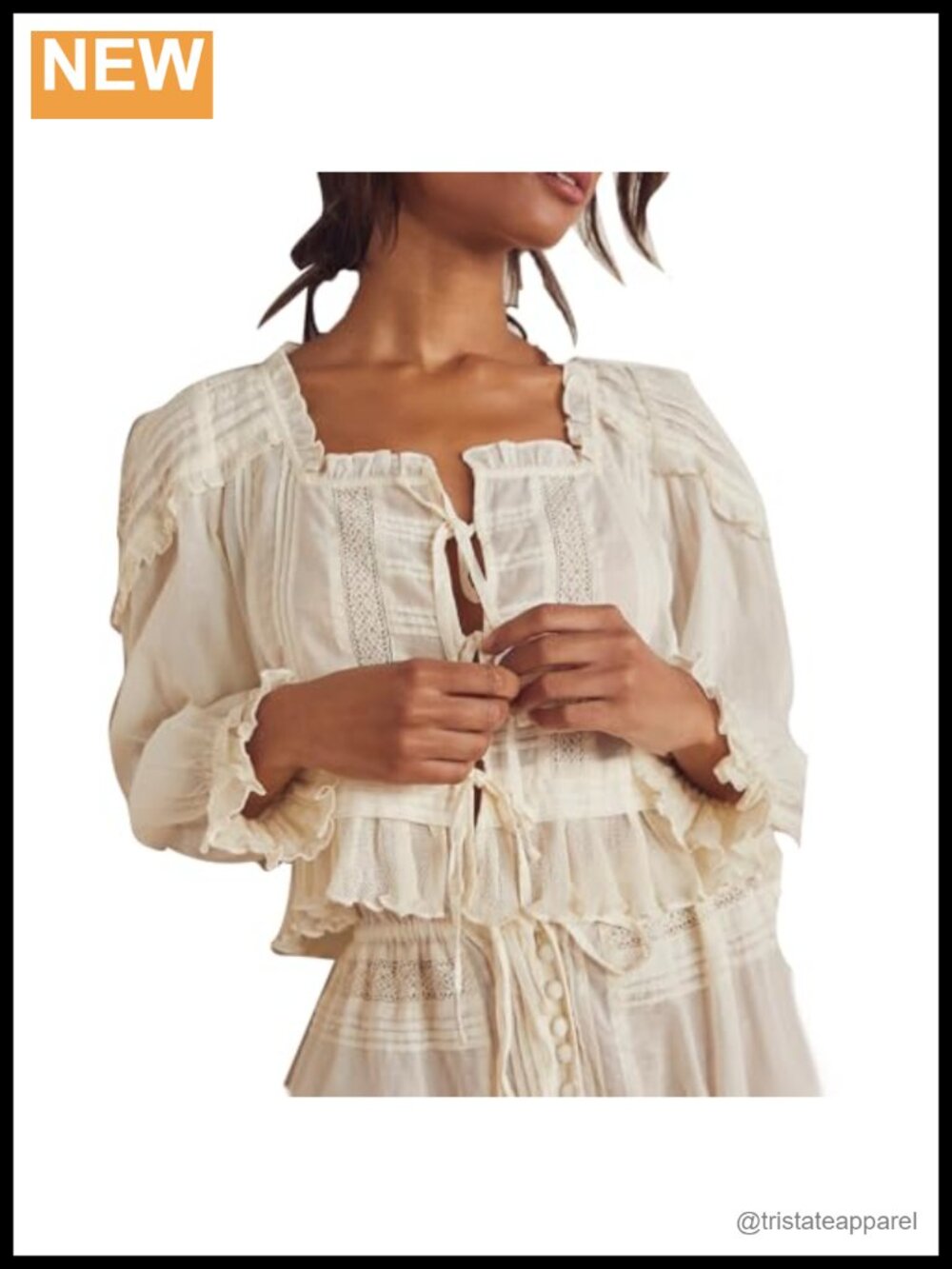Women Puff Sleeve 100% Polyester Crop Top Tie Waist Lace Trim Ruffle Peplum